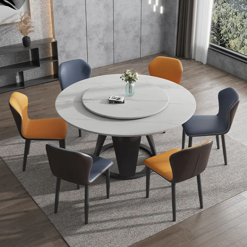 Rock plate round dining table Home living room solid wood dining table Modern simple small apartment light luxury dining