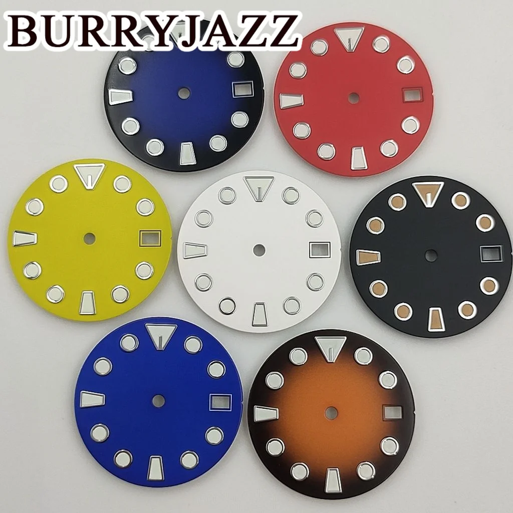 BURRYJAZZ 28.5mm No Logo NH35 Watch Dials Black Blue White Red Yellow Dial Green Luminous Fit 3 O'clock 3.8 O'clock Case Crown