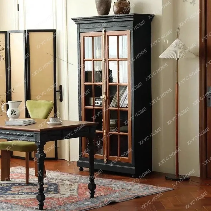 XX Light Luxury Solid Wood Wine Cabinet Simple Antique Living Room Glass Door Decorative Storage Cabinet