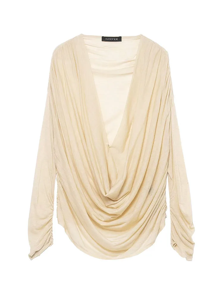 HH 夏 女性 エレガント スイングカラー 無地 シック カジュアル スリム ブラウス トップス レディース ファッション プリーツ装飾 長袖 ショート丈トップス