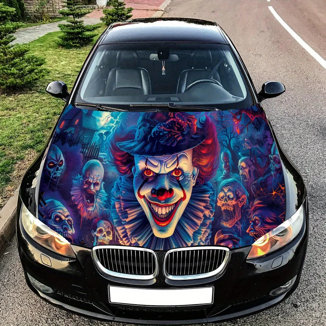 

Dark Night Evil Smiling Clown Car Hood Decal,Self-Adhesive PVC Hood Decor Scratch Resistant Sticker Protect,Auto Accessories