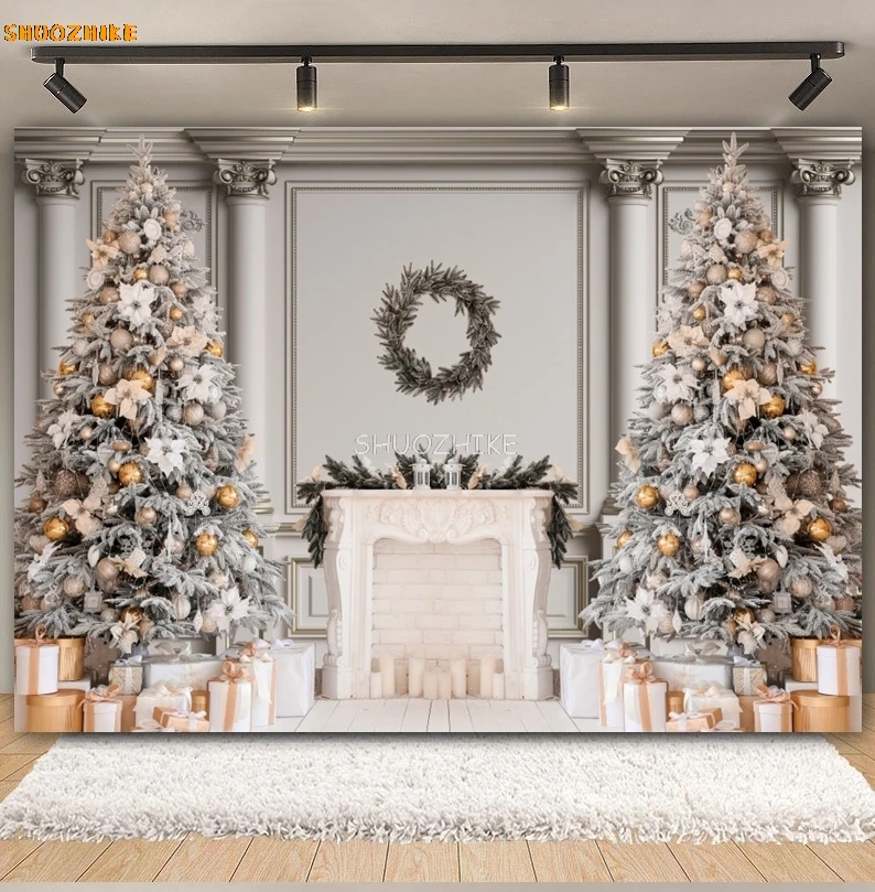 White Christmas Photography Backdrop Interior Fireplace Gift Christmas Tree Winter Xmas Family Portrait Photo Background Decor