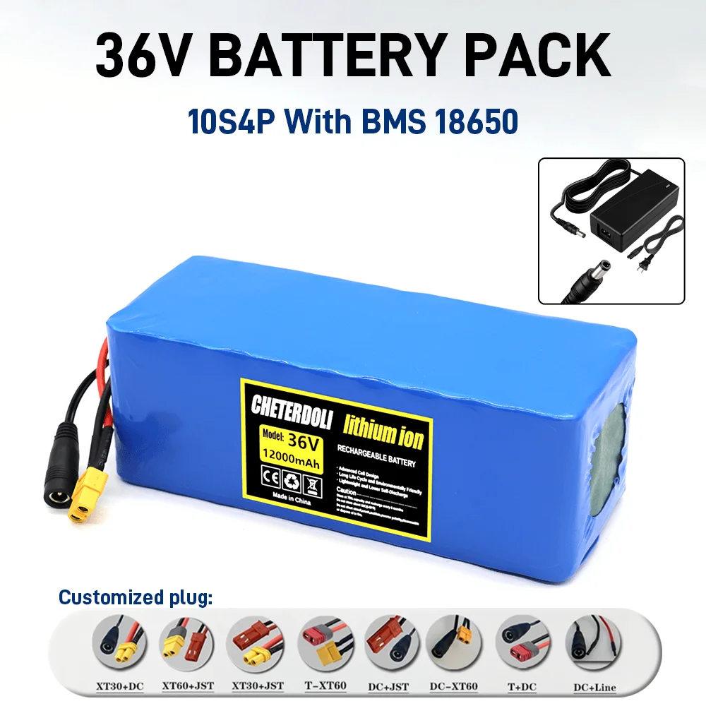 36V E-scooter Battery 12000mAh real capacity 10S4P 18650 Lithium ion battery Pack 500W 1000W motor BMS system wiht 2A Charger
