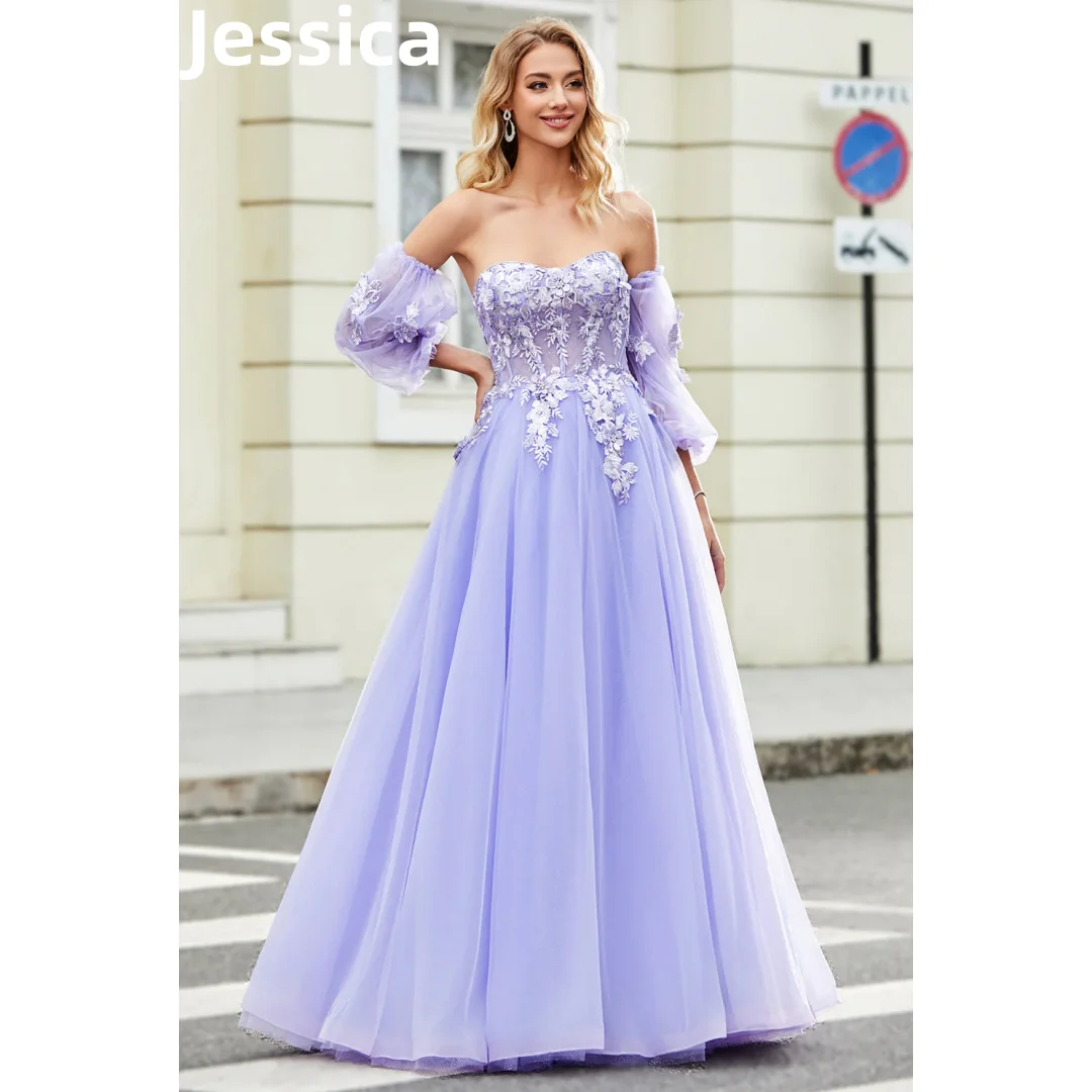 

Jessica Purple Puff Sleeves Prom Dress Appliquéd Tulle Graduation Party Dresses Vestidos De Fiesta Elegantes Para Mujer2024