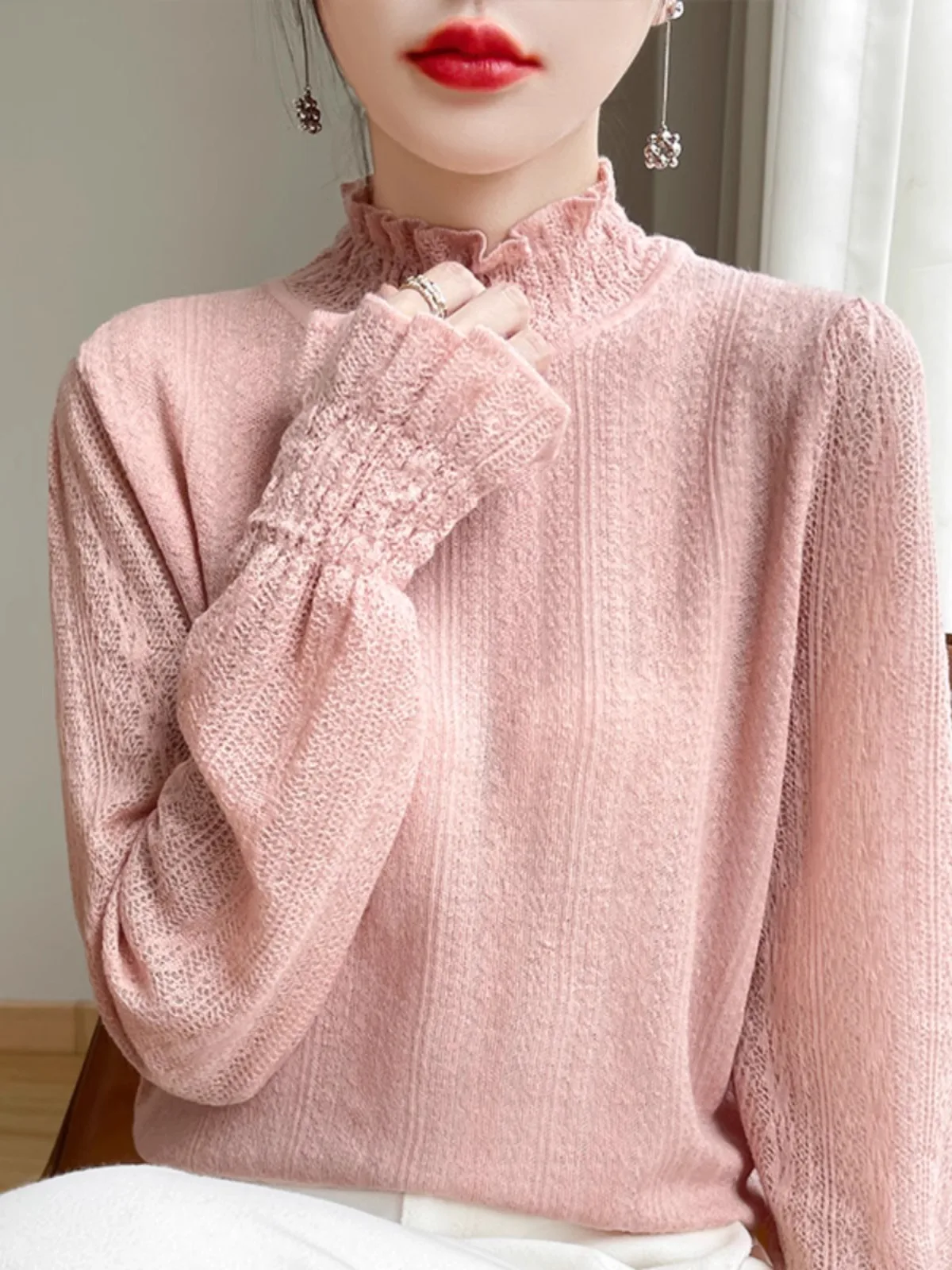 Ele Lace Base irt dames zoete dunne lange Sve f hoge kraag lange Sve top zacht ontwerp sensatie kleine fraan...