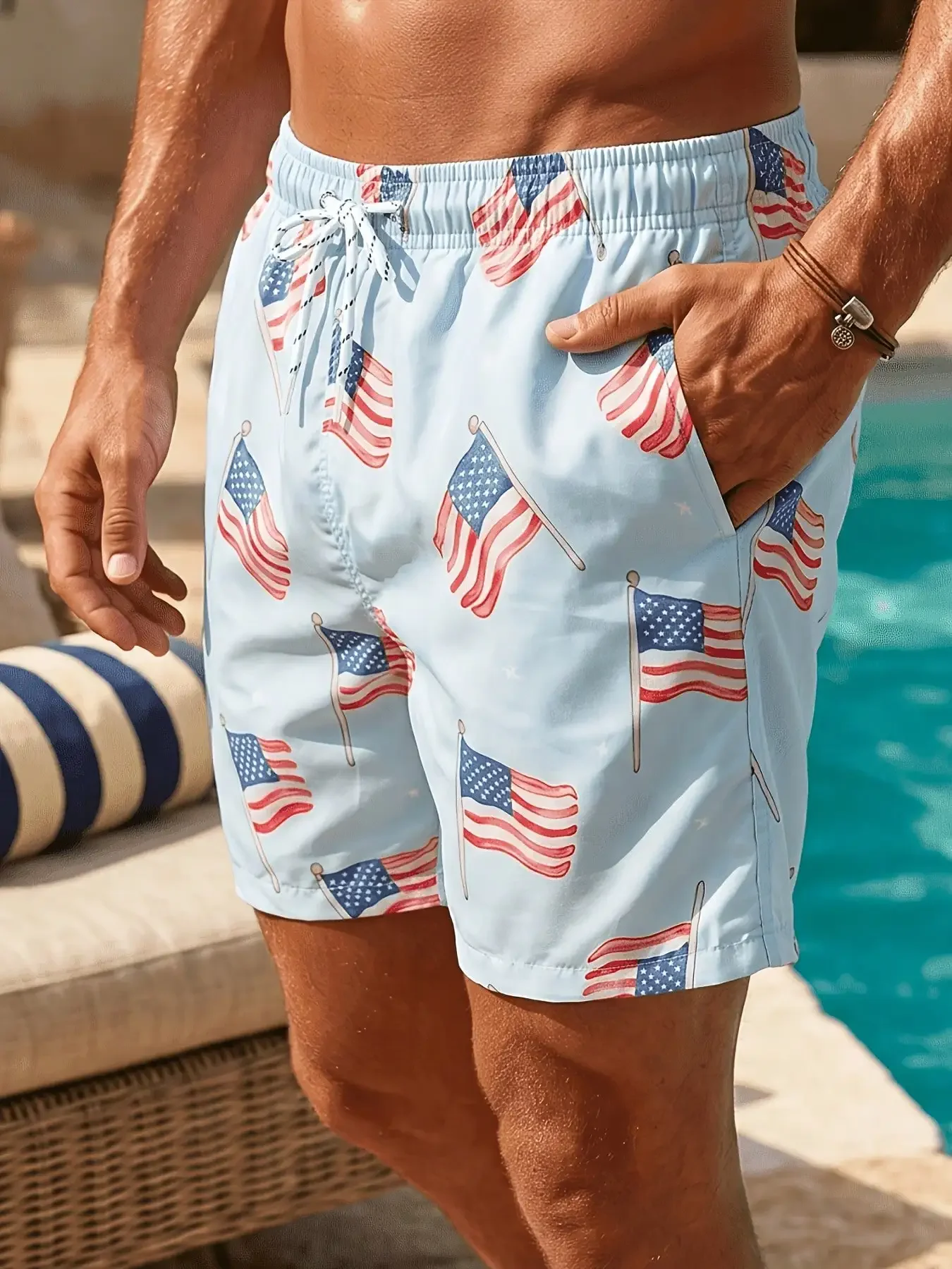 

2026 Independence Day, the perfect gift Men'S American Flag Print Beach Shorts - Street Style Loose Fit Swim Trunks With Pockets, Machine Washable Lightweight Fabric For Summer Poolside & Casual Outings, Nontransparent MaterialMen'S, Boys', Men'S Plus Si