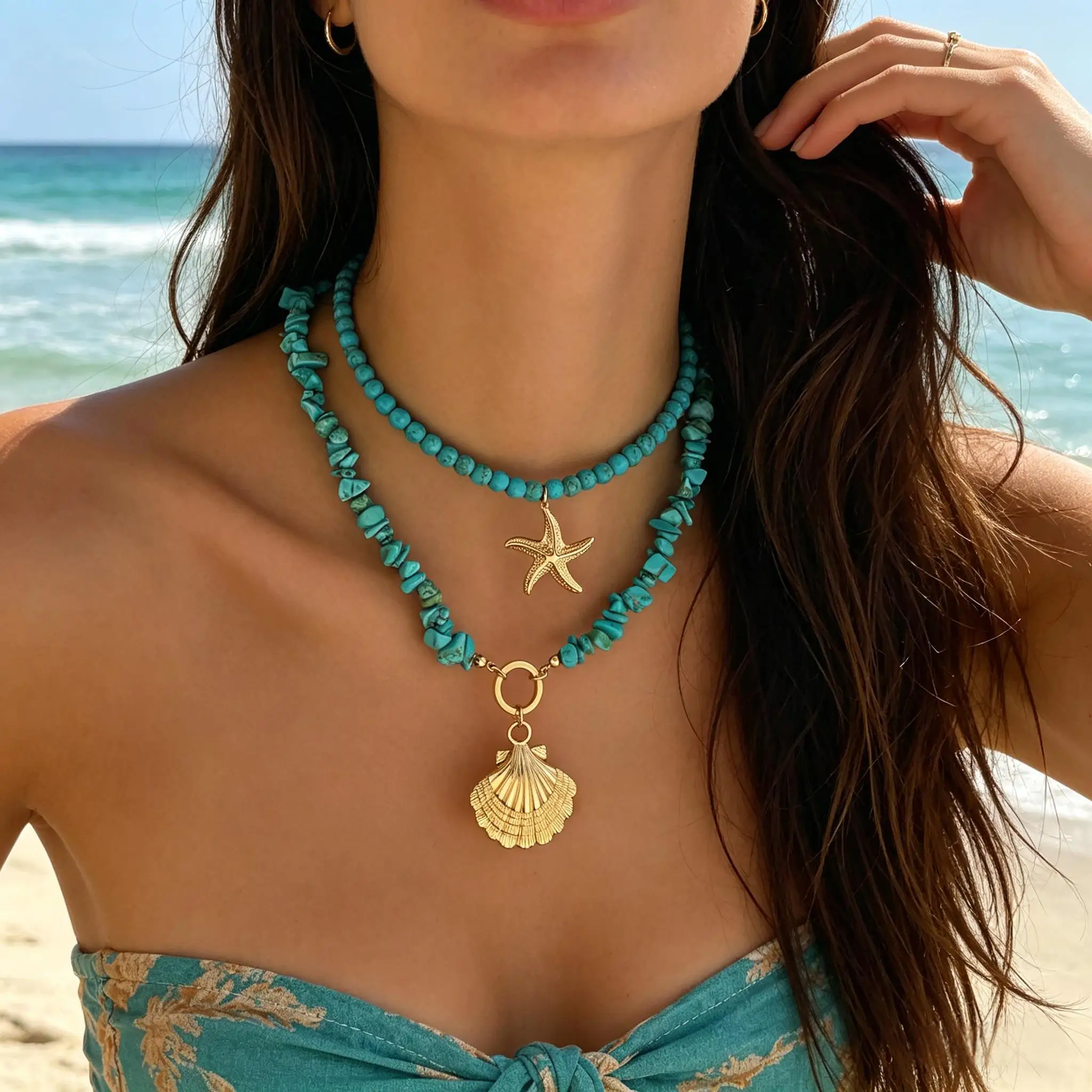 2PCS Turquoise Layered Choker Necklace Set Gold Seashell Sta
