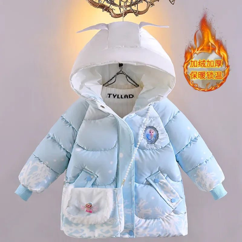 2024 Winter Baby Girls down Jacket Children Frozen Elsa Hooded Coats with Bag Kids Warm Plush Windbreaker Coat Princess Costumes