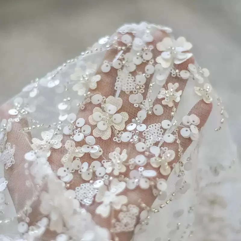 Luxury Silver Coated Beaded Lace Patches High Grade Embroidered Long Strip Lace Bridal Veil Headwear Wedding Dress Trim