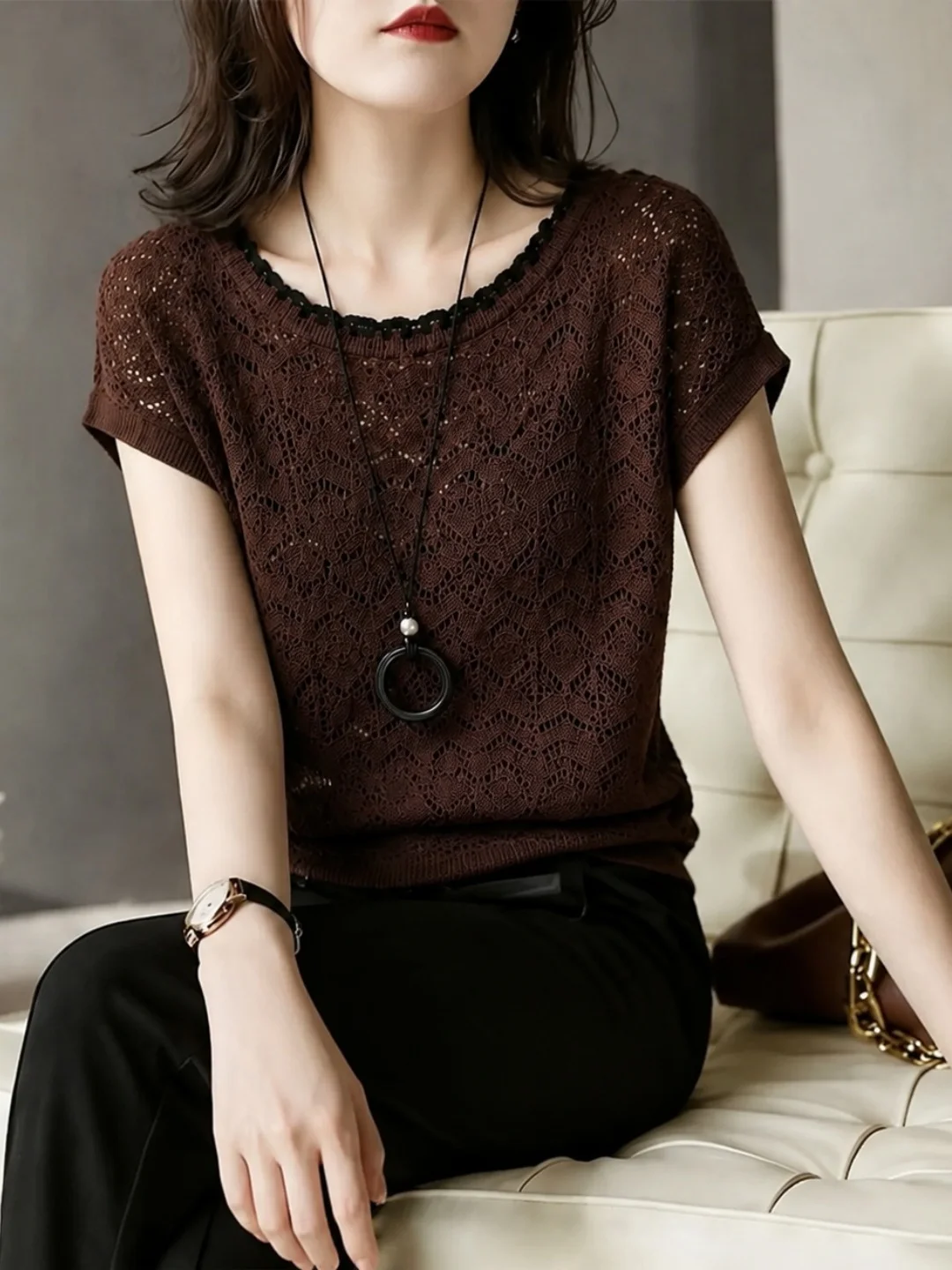 Fashionable Retro Knitted Top Hollow out Short Sleeve Comfortable Soft Korean Style Straight Cut Summer New Lazy Style Women'...