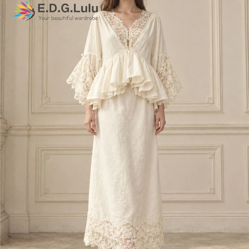 EDGLuLu 2026 Fashion New V-Neck Lace Splicing Ruffled Top + High Waisted Long Skirt White Suit Two Piece Set 1017