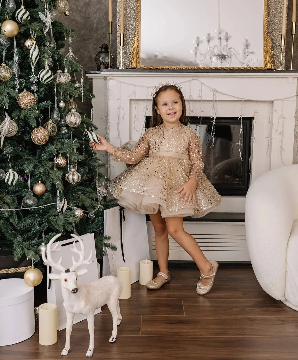 Vestido champanhe personalizado para meninas, lantejoulas brilhantes na altura do joelho, bola de primeira comunhão, cerimônia de aniversário, formatura, festa de casamento