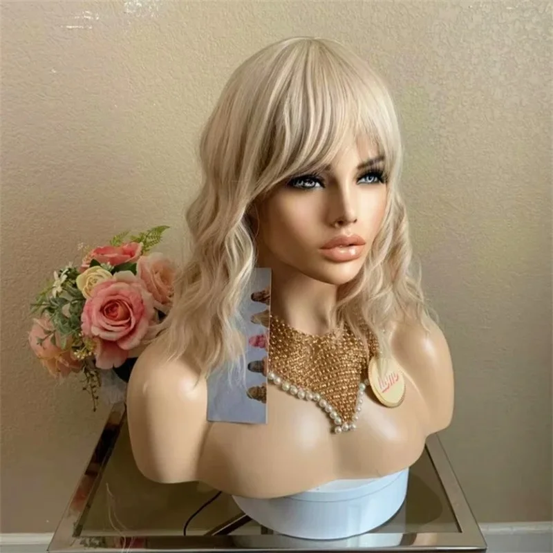 613 Blonde Short Wavy Lace Front Wig with Bangs 13x4 HD Synthetic And Blend Premium Fibre Heat Resistant Party Wear Cosplay