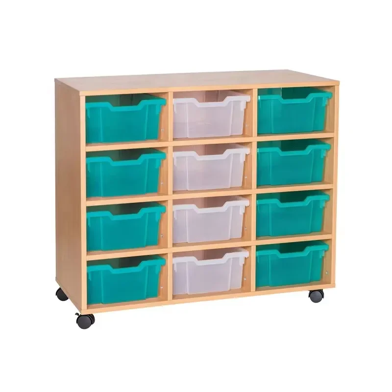 Modern Wooden Toy Storage Box With Wheels Three Row Design Durable Kids Organizer For Bedroom School Living Room High Quality