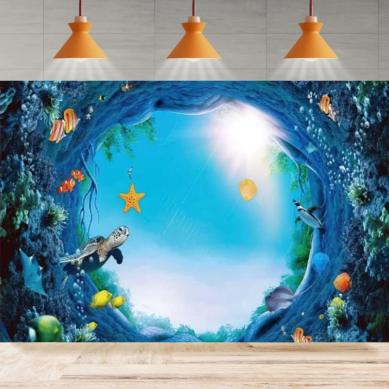 Photography Backdrop Underwater World Tropical Fish Sea Turtle Sunlight Ocean Aquarium Background Party Backdrop Wall Banner