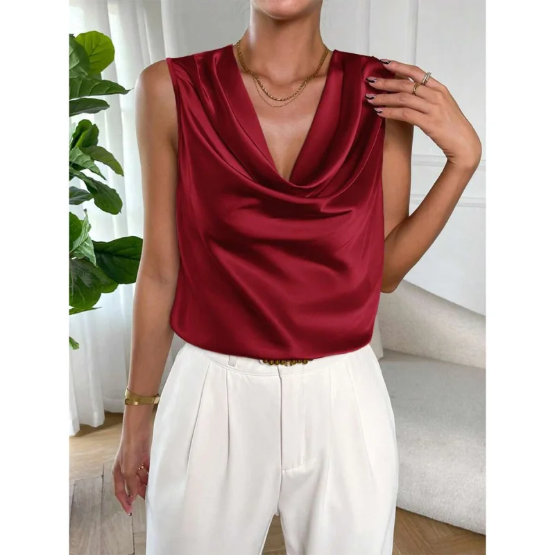 

Women's Sleeveless Satin Shirt Top European American Style Spring Summer Pendant Pleated Detail