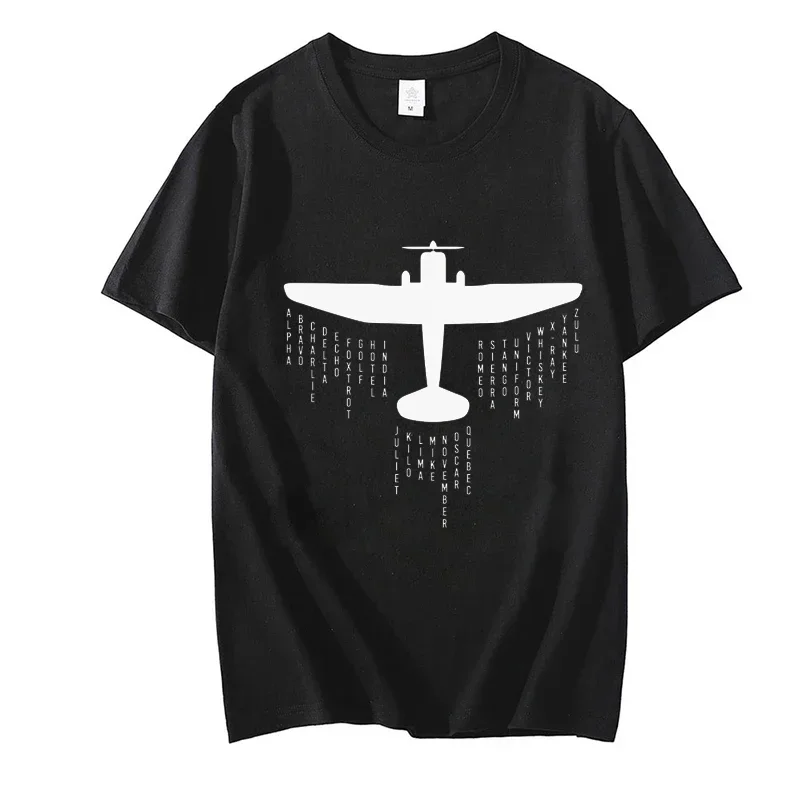 T-Shirts for Men Airplane Phonetic Alphabet Pilot Print Tee Shirts Homme Crewneck Short Sleeve T Shirt Funny Plus Size Clothes