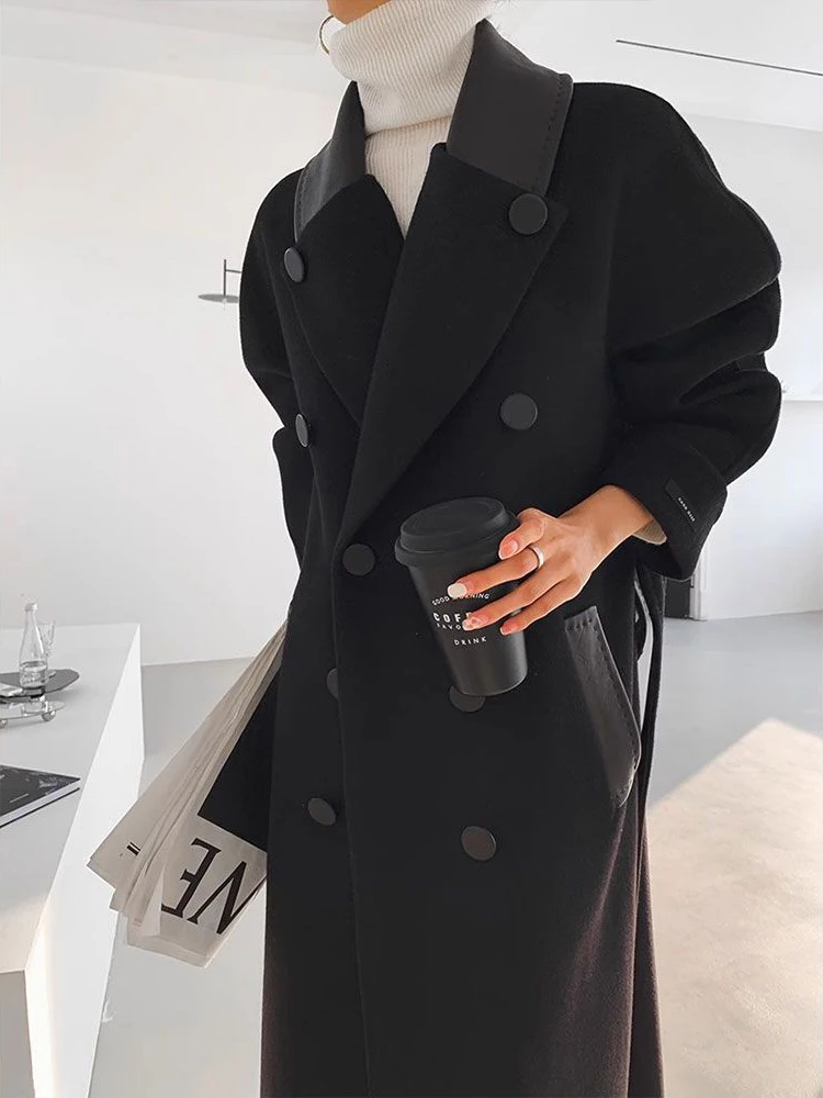 French Long Wool Coat For Women Spring Winter 2024 New With a Belt Long Sleeve Woolen Blazer Lady Jacket Fashion Coat