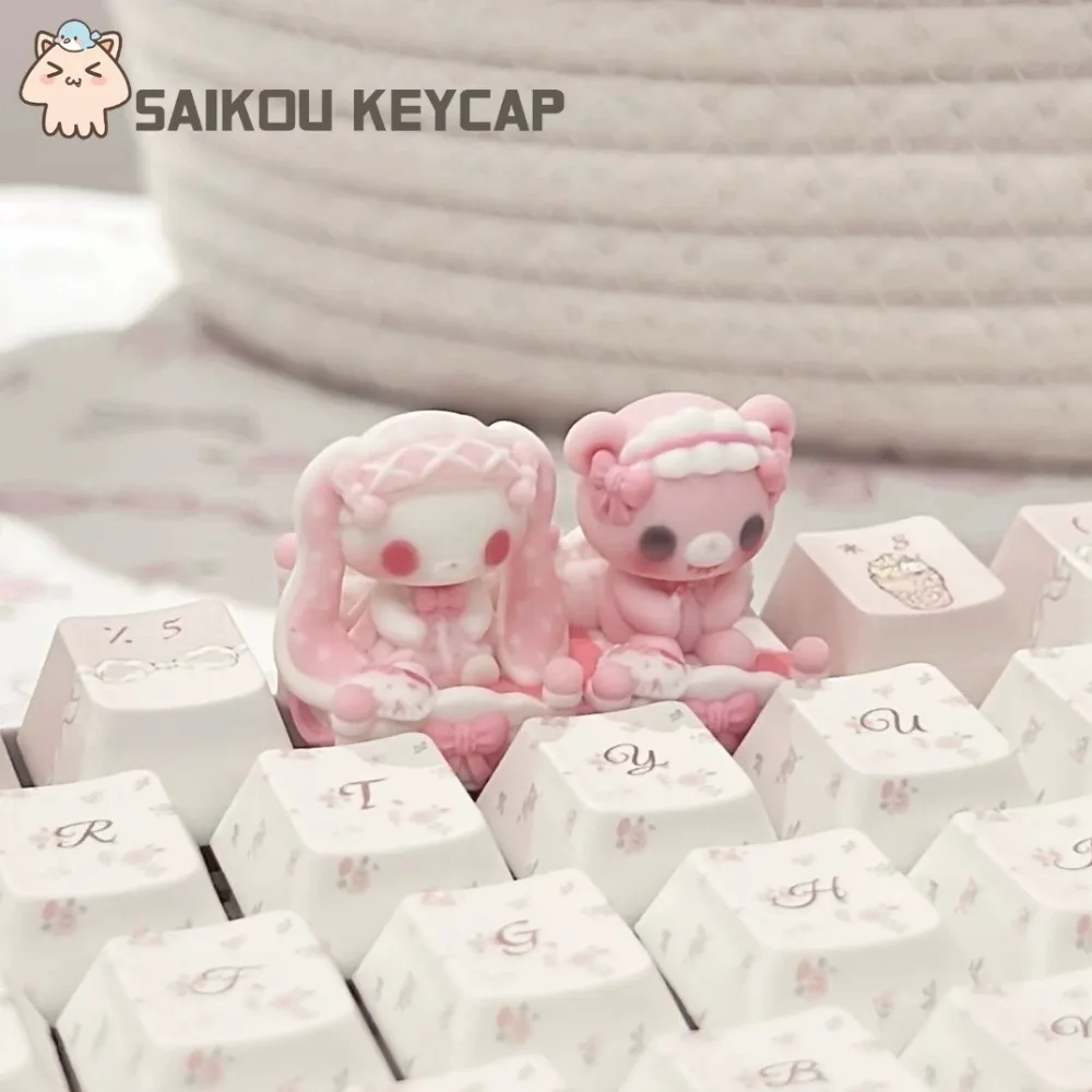 Anime Cute Rabbit Bear Theme Keycaps 3D Resin Custom Handmade Pink Keycaps for Mechanical Keyboard Accessories DIY Kawaii Gift