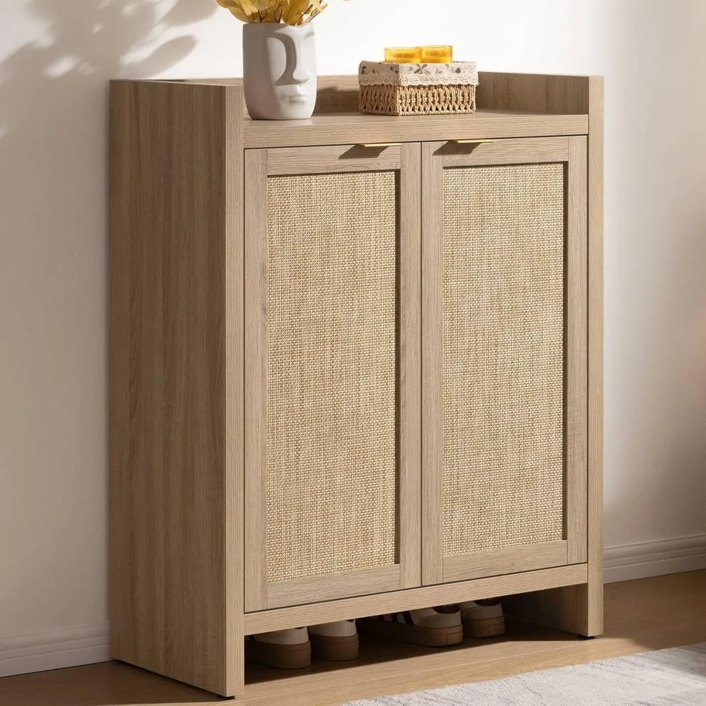 

Shoe Cabinet, 24 Pair Storage Organizer, 41" Tall Rattan Cabinet with Doors & Shelves, 6-Tier Farmhouse Style
