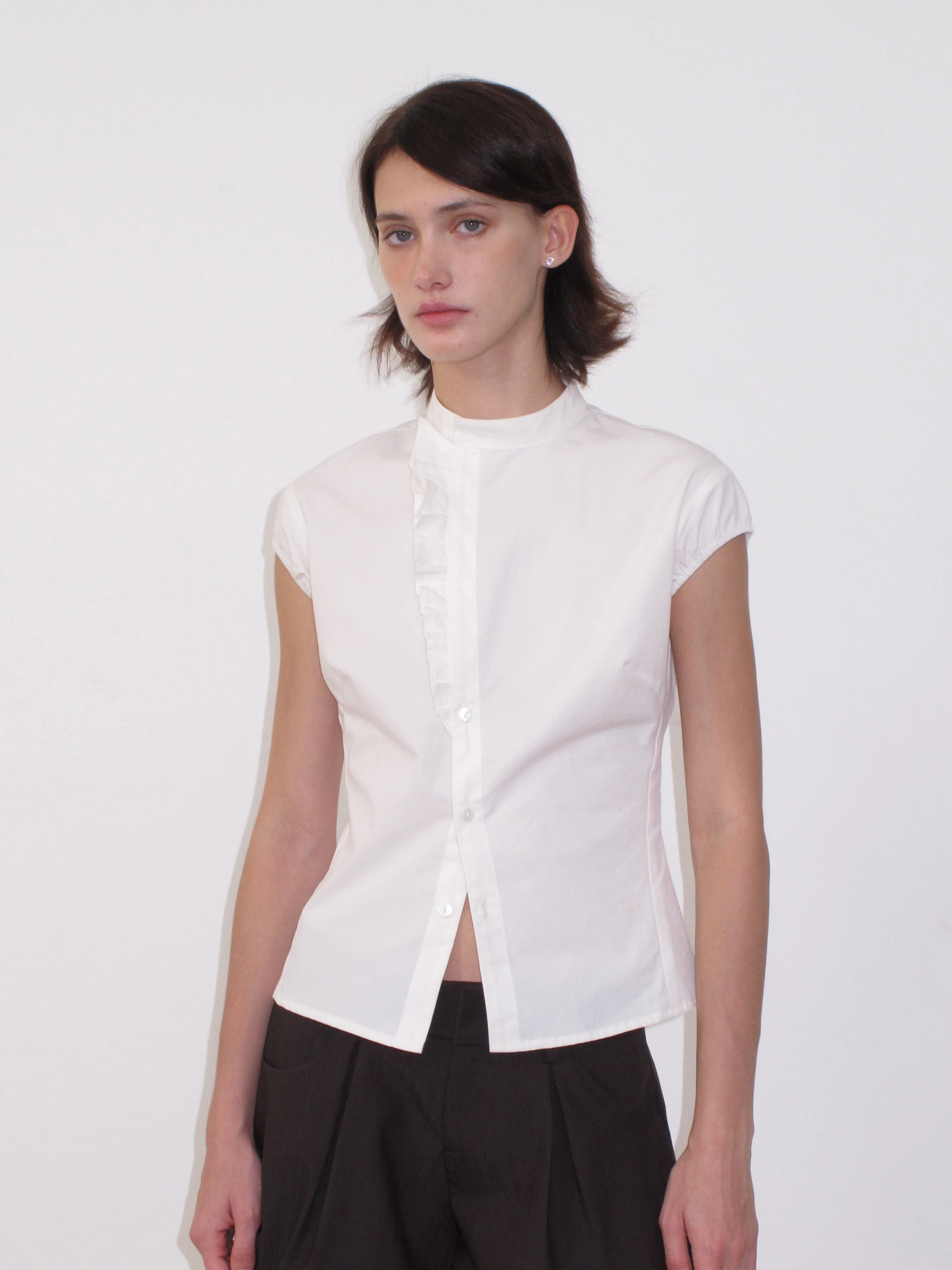 

Fashionable Short Sleeve Shirt Mito De Wool Long Velvet Cotton Lace Trimmed Small Stand Collar Waist Cinched White Women'...