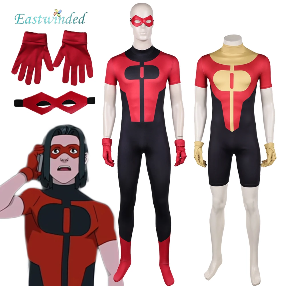 Cartoon Invincible 4 Cosplay Oliver Grayson Red Jumpsuit Costume Mask Outfits Adult Male Disguise Halloween Carnival Uniform