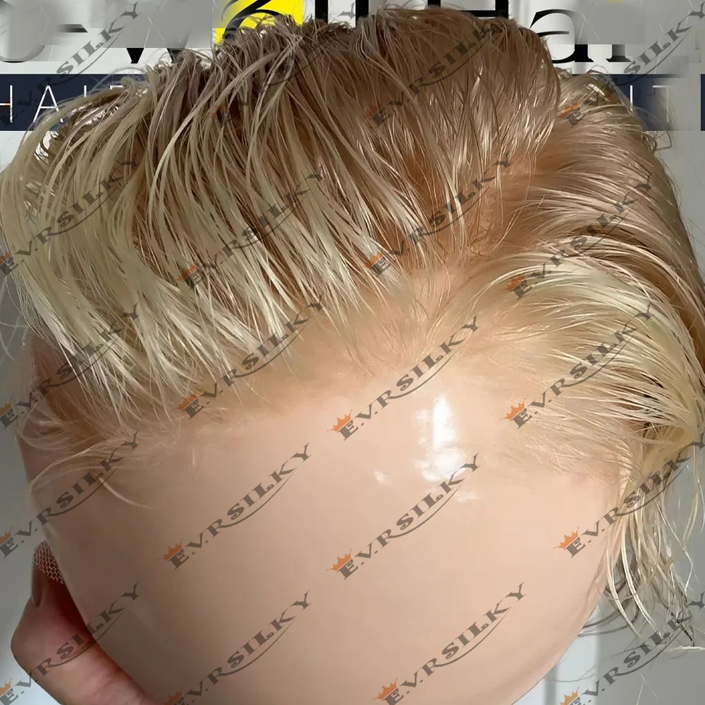 Natural Hairline 0.06mm Platinum Blonde Mens Toupee 100% Human Hair Wig Soft Touch Full Thin Skin Invisible Capillary Prosthesis