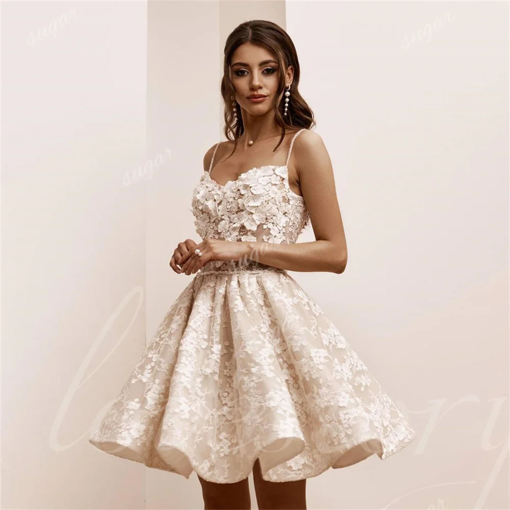 Mini robe de mariée courte en dentelle avec appliques pour femmes, bretelles spaghetti, robe de patients A-Line, fleurs 3D, mariée éducative, 2024