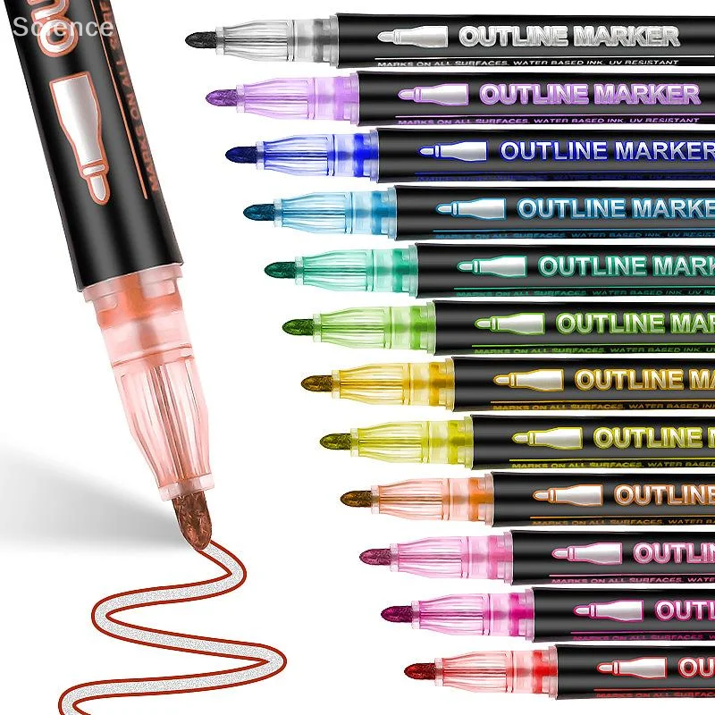 

Рождественский подарок, набор металлических маркеров из 8/12, блестящие ручки с двойной линией для письма на открытках