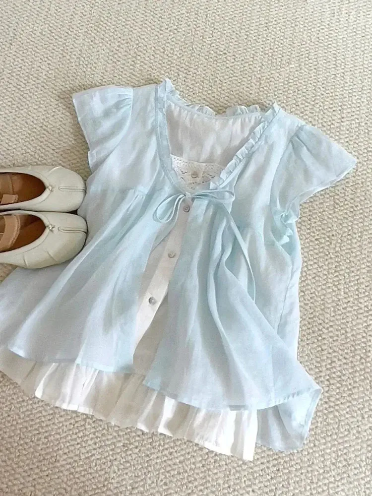 

Vintage Lace Patchwork Fake Two-piece Top Blusas Mujer Chiffon Shirts & Blouses Summer Camisas Chemise Femme