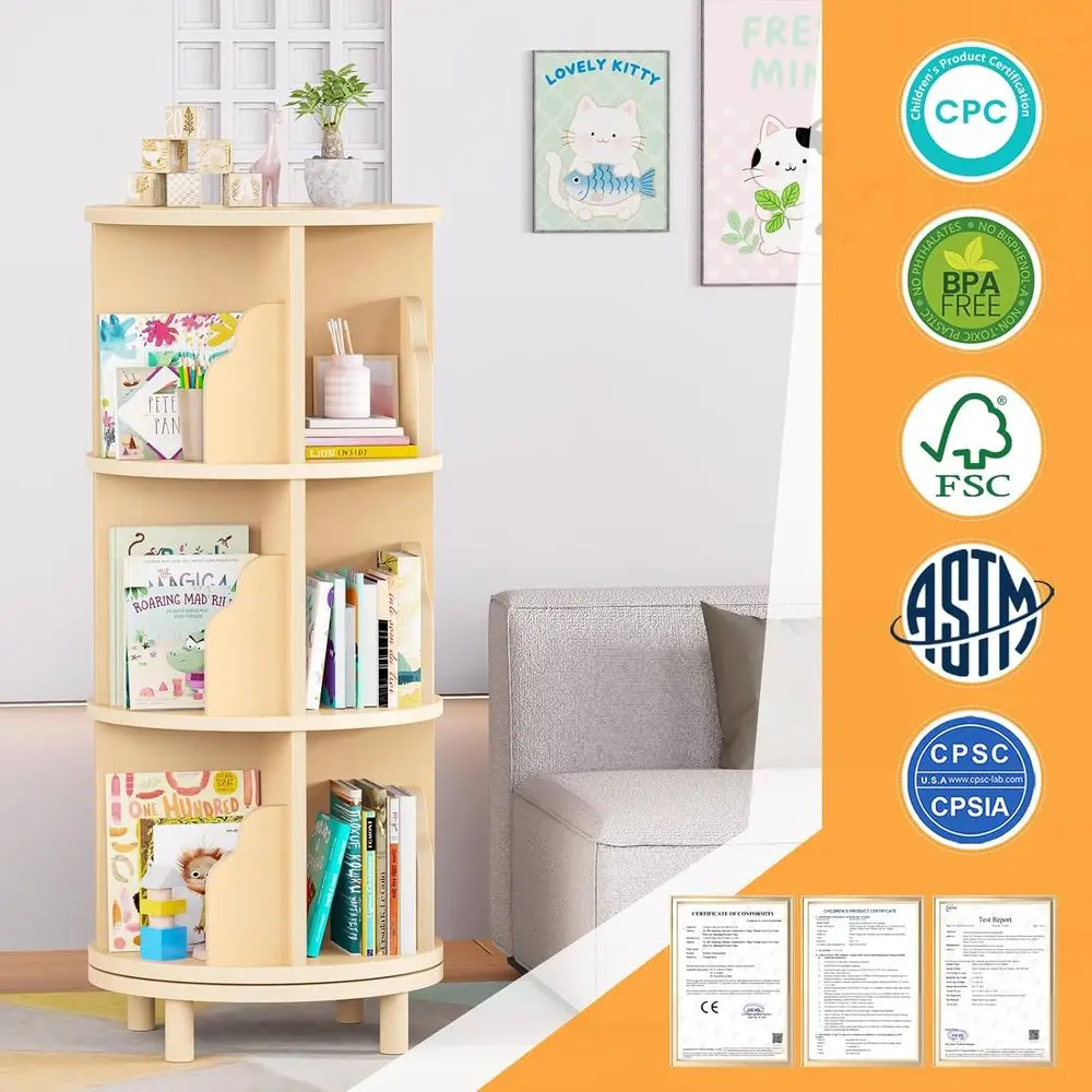 برج رف كتب دوار للأطفال، منظم كتب خشبي دوار 360 درجة مكون من 3 طبقات للأطفال الصغار، خزانة كتب دوارة مستديرة من مونتيسوري #5