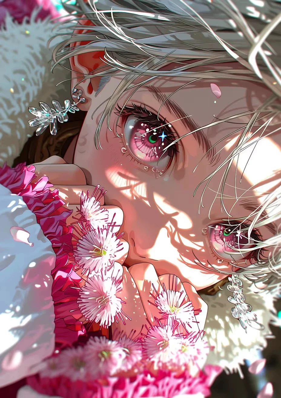 

Sweet Pink Floral Winter Anime Girl Jigsaw Puzzle, Glitter Big Eyes Fluffy Plush Collar Lady Home Wall Decor