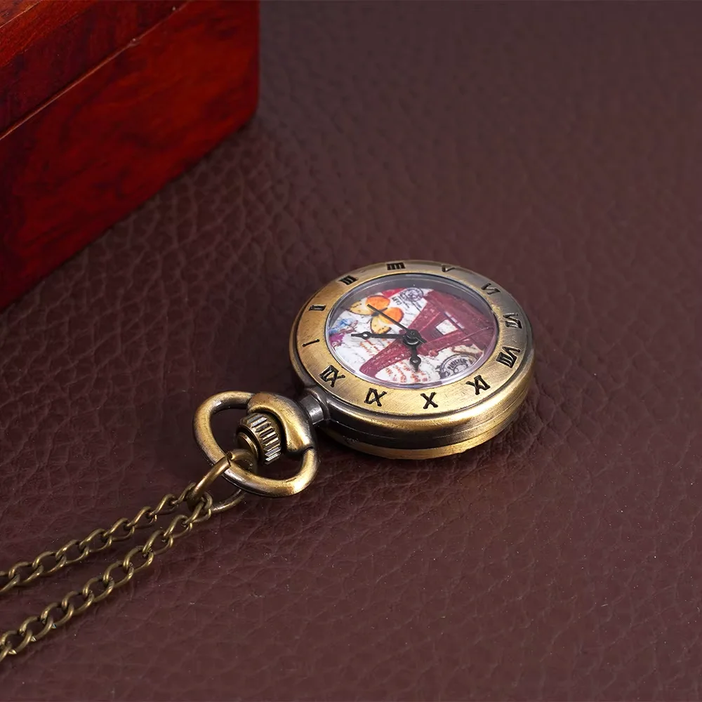 Small pocket Watch Bronze single case quartz Roman scale tower and butterfly pattern pocket watch