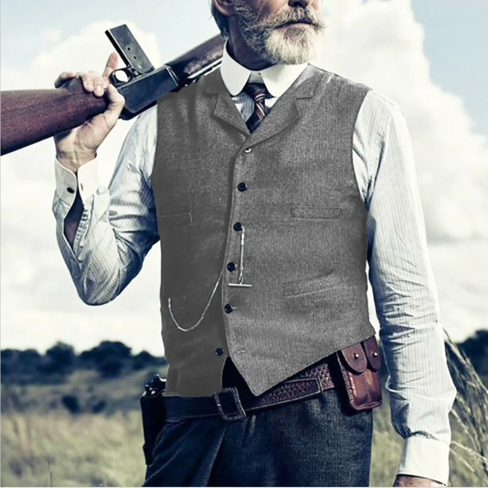 Men's Suit Vest Vintage Wool Herringbone Vest Steampunk Western Waistcoat Classic Lapel Sleeveless Jacket