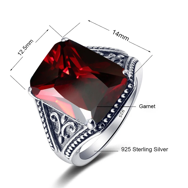 100% 925 Sterling Silver Garnet Mens Rings With Stone 12*16mm Rectangle Big Vintage Byzantine Jewelry Gifts For Men