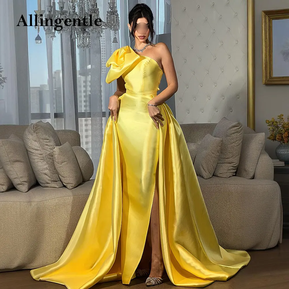

Желтые элегантные вечерние платья для особых случаев с бантом на одно плечо, женские длинные атласные платья для выпускного вечера с высоким разрезом по индивидуальному заказу