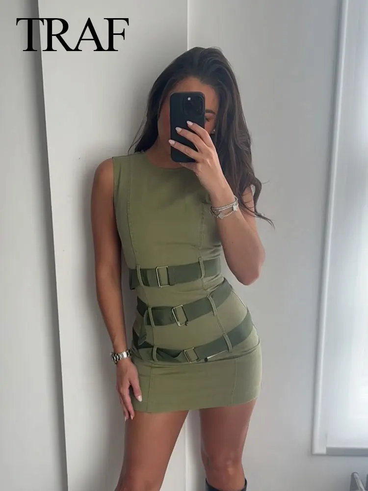 TRAF 2024 Women\'s Fashion Street Dress Sleeveless Round Neck Army Green Belt Decoration Slim Cargo Sundress Vintage Trendy Dress