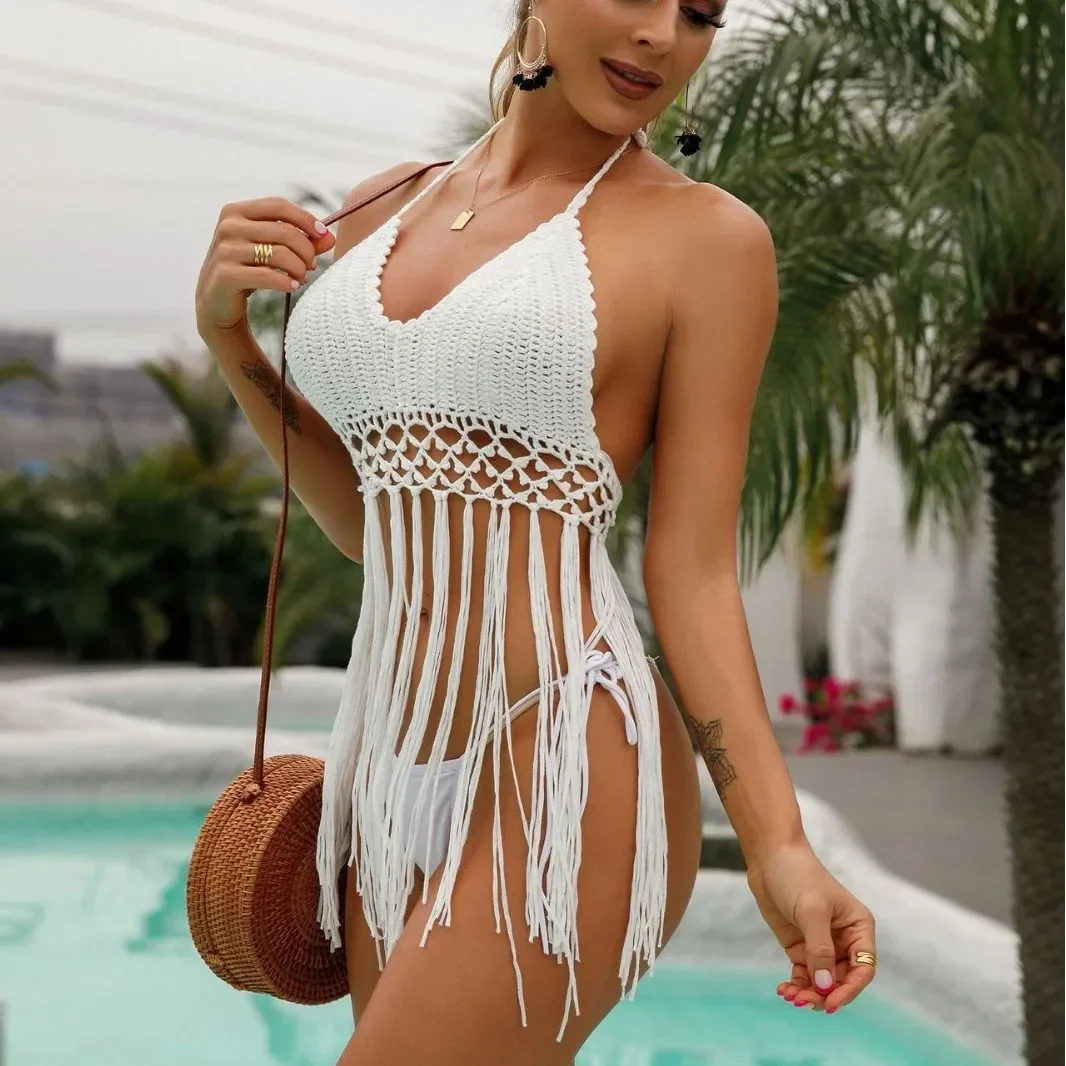 Handgehaakte uitgeholde bikinitop Pure kleur strandvakantiestijl Trendy damesbadpak tankiniset uit het vasteland van China