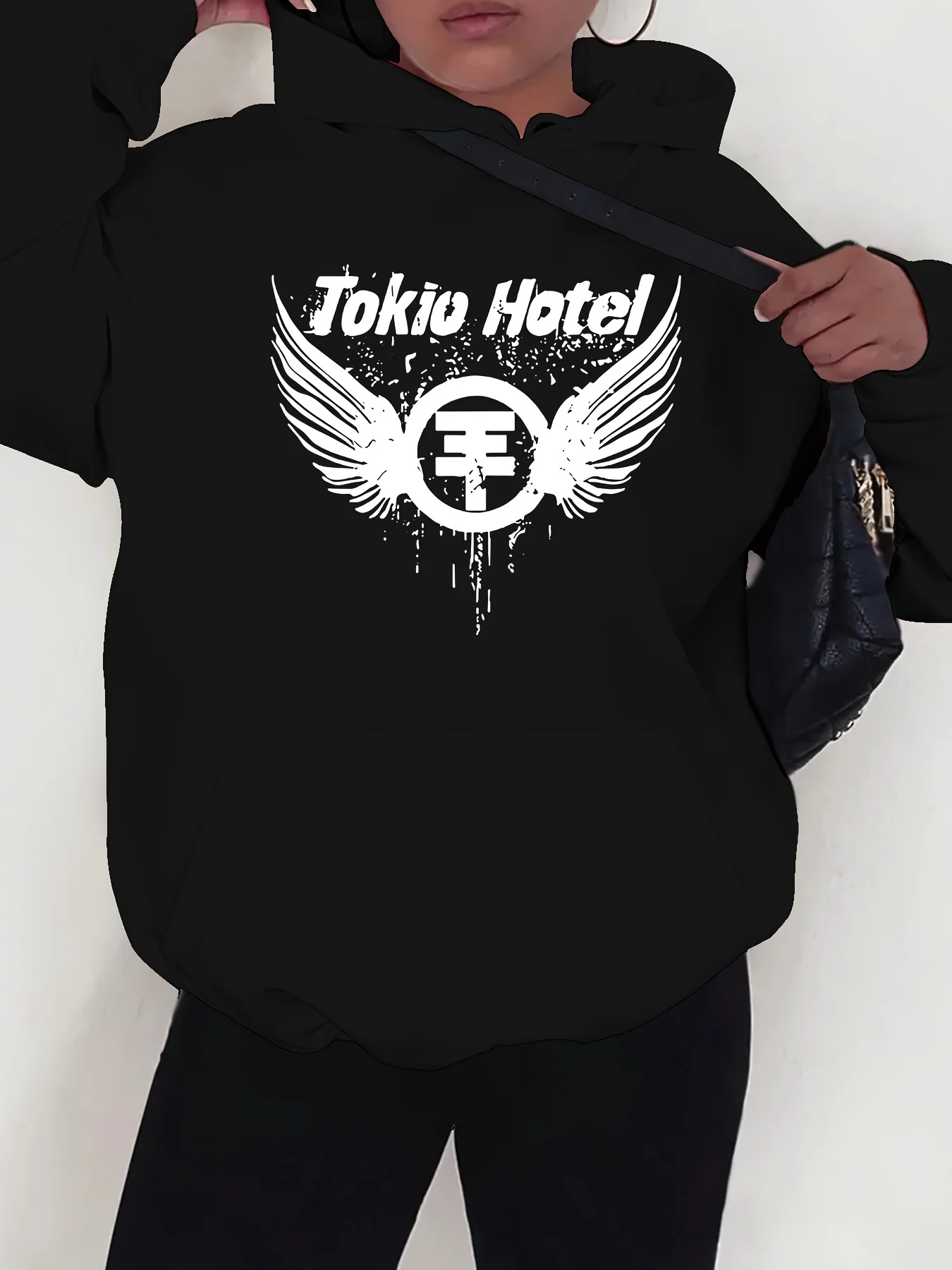 Tokio Hotel-Sweat à capuche à imprimé graphique pour femme, 100% polyester, tissu tricoté, pull décontracté avec cordon de serrage de proximité