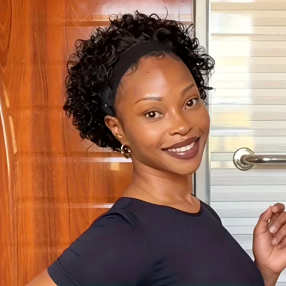 Влажные и волнистые короткие парики с стрижкой пикси, вьющиеся парики из человеческих волос с повязкой на голову для чернокожих женщин, базильские волосы, машинное производство, вьющиеся парики