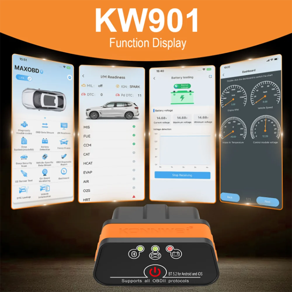 

New KONNWEI KW901 OBDII adapter ELM327 V1.5 Blue-tooth 4.0 5.0 Car Auto OBD2 Scanner Android/IOS Car Diagnostic Tool Code Reader