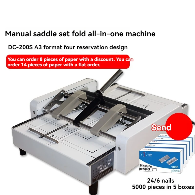 

DC-200S A3 Format Manual Folding Machine,Flat Binding Saddle Nail Binding Three in One Folding Machine,Nail Head Consumables