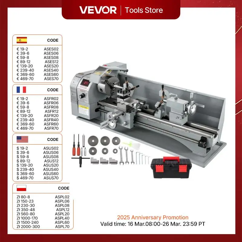 VEVOR Mini Metal Lathe Machine 8.7x29.5 inch / 220x750MM 1100W Infinitely Variable Speed LED for Counter Face Turning Driling