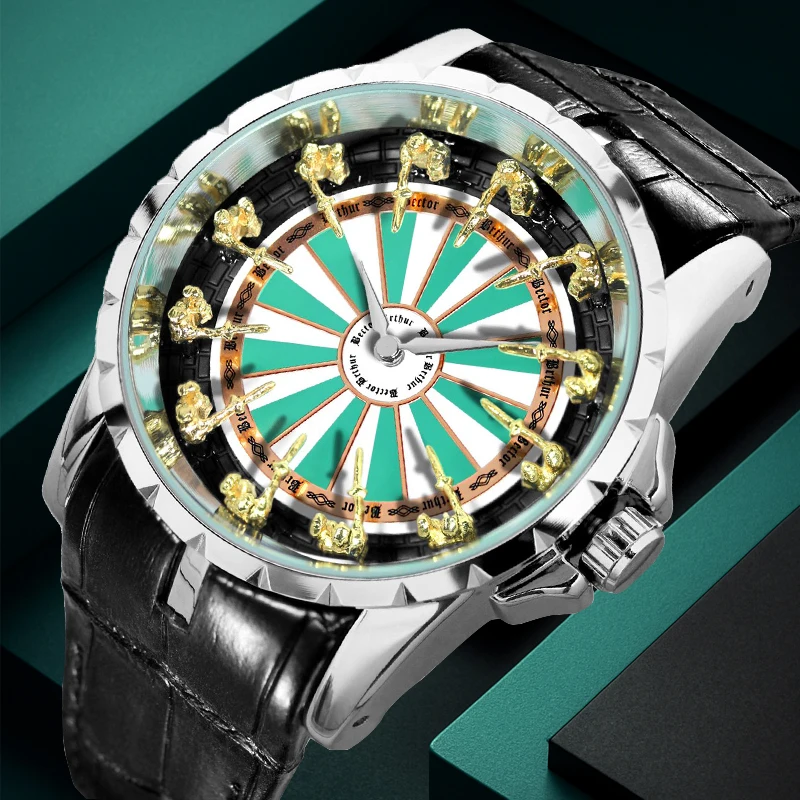 

A men's black strap haute chic classic twelve round table knight large dial quartz watch