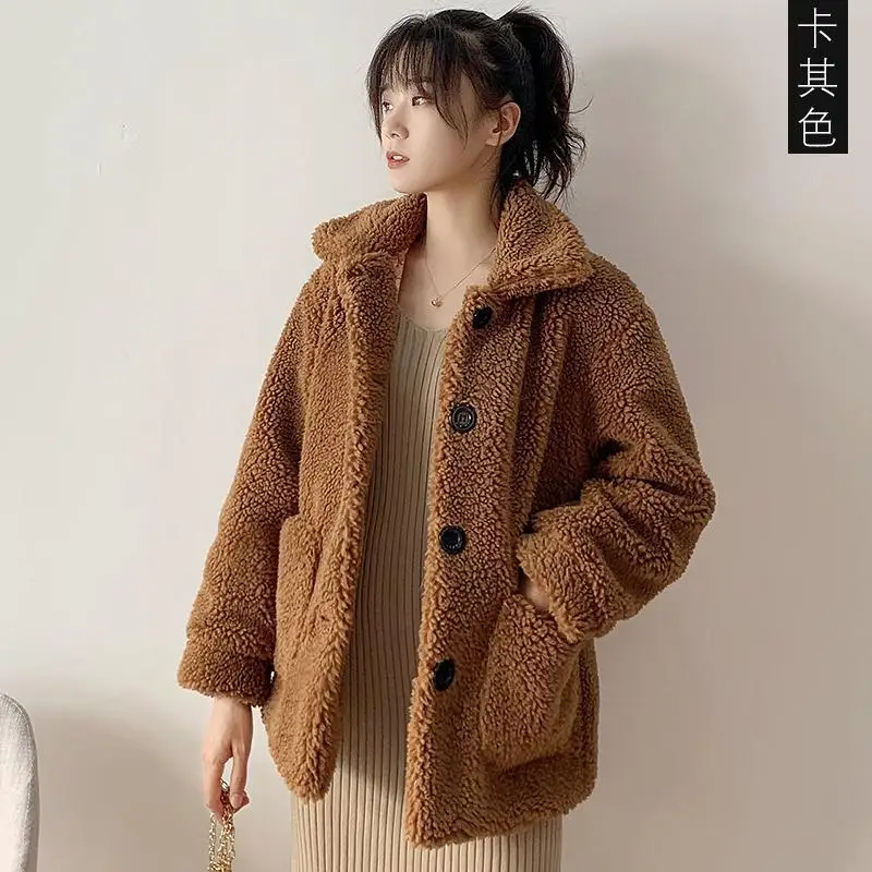 Women Faux Shearling Fur Coats Short Jackets Solid Pocket Turn Down Collar Long Sleeve Single Breasted Thick Casual 2025 Winter
