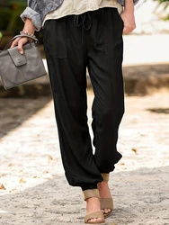 Plus Size Women's Casual Loose High Waist Wide Leg Seven Pants Black Drawstring Trousers All Season Lace Up