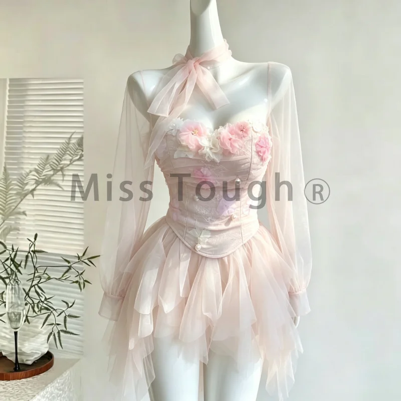 

New Summer Casual Sweet Women 2 Piece Set Floral Strapless Tops + Gauze Asymmetrical Midi Skirt Female Chic Retro Travel Outfit
