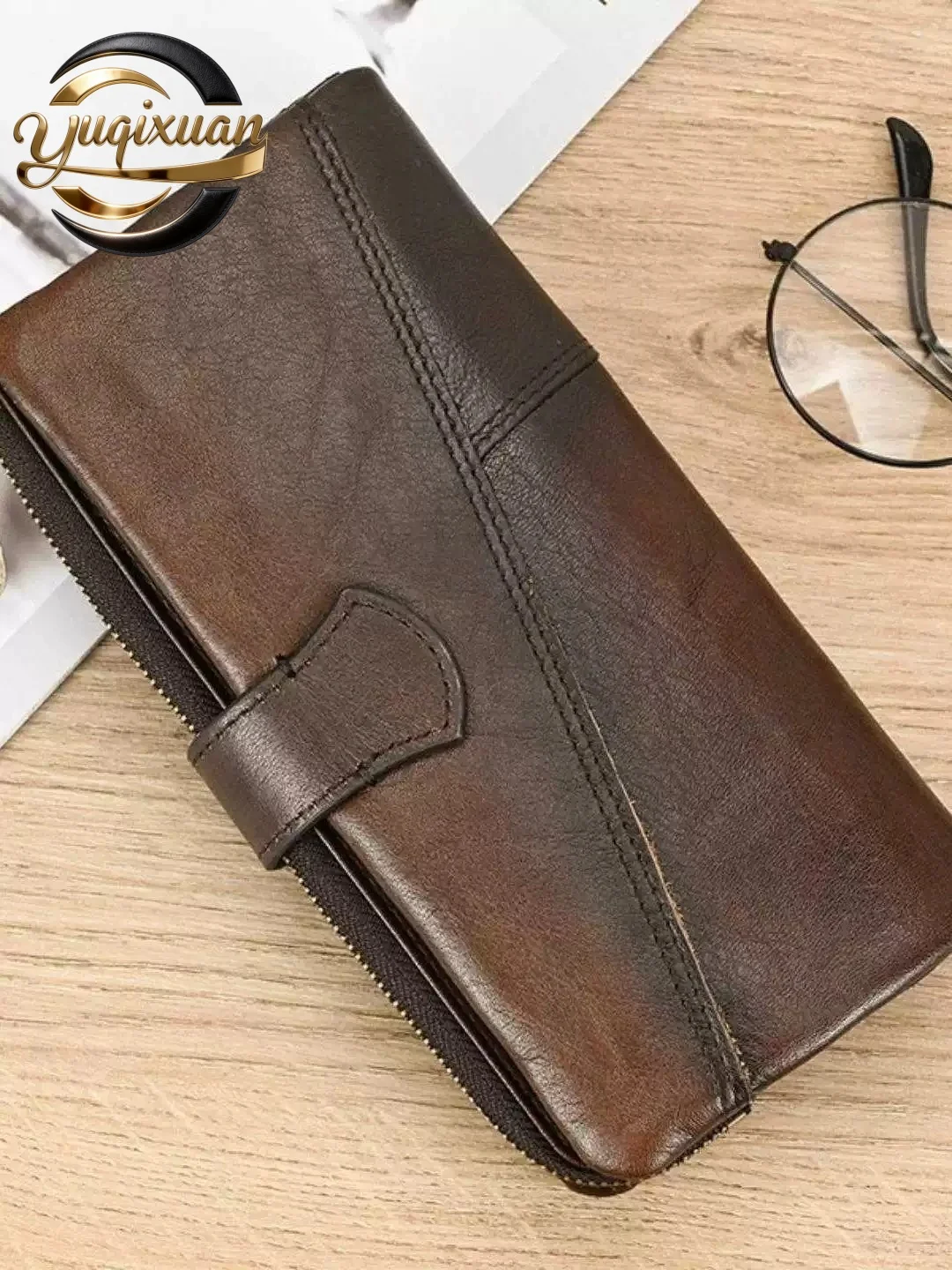 yuqixuan-genuine-leather-men's-wallet-multi-card-slot-long-wallet-top-layer-cowhide-anti-theft-handbag-with-iron-chain