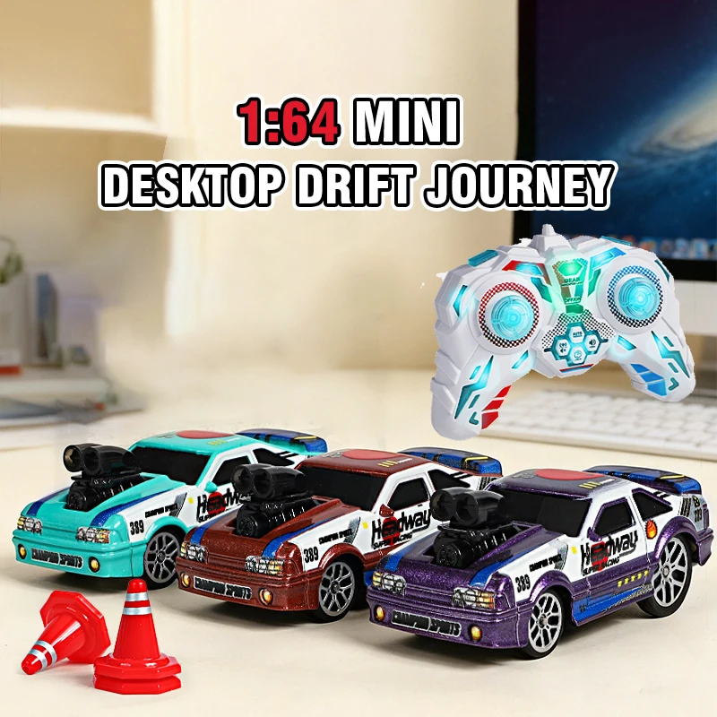 

Mini RC Car 1:64 Scale Four-wheel Drive Drift Racing with 3 Speed Settings LED Light Desktop Remote Control Vehicle Christmas