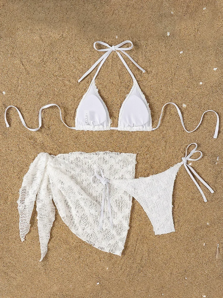 

UETEEY 2025 New Summer Bikini Set Sexy Solid Laced Up Bikini Mesh Skirt 3 Piece Set for Women Solid Split Swimsuit Beach Bikinis